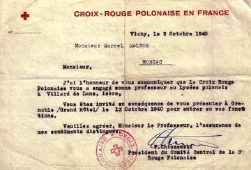 2 octobre 1940 —  Certificat d'embauche du professeur Marcel Malbos (Association Mémoire du lycée polonais).