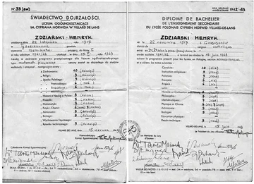 Diplôme de bachelier de Henryk Zdziarski, année 1942-1943 (Association Mémoire du lycée polonais).