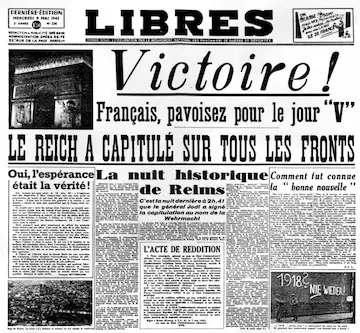 9 mai 1945 — Fac-similé de la Une de Libres, journal fondé par le mouvement national ds prisonniers de guerre et déportés. (Domaine public).