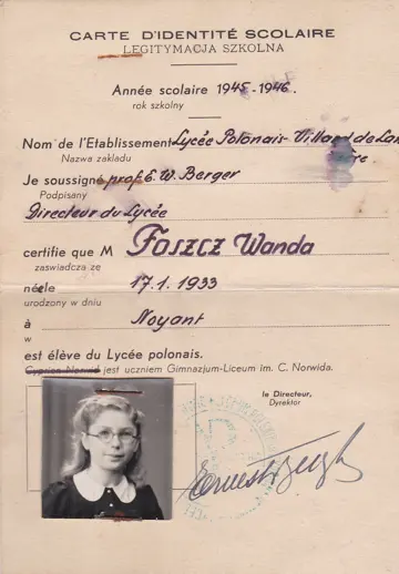 Foszcz Wandan élève du Lycée Cyprien Norwid. Wanda est née 17 janvier 1933 à&nbsp;Noyant d’Allier (Allier), de Wojciech Foszcz et Honorata Wezowicz.